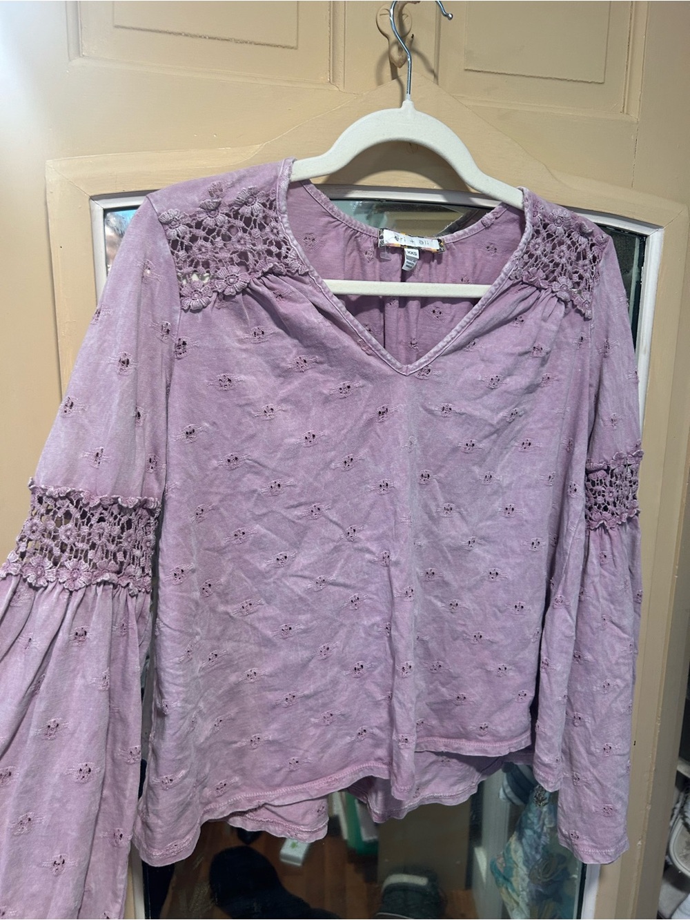 Lavender Crochet-Trim Eyelet Blouse long bell sleeves xxs